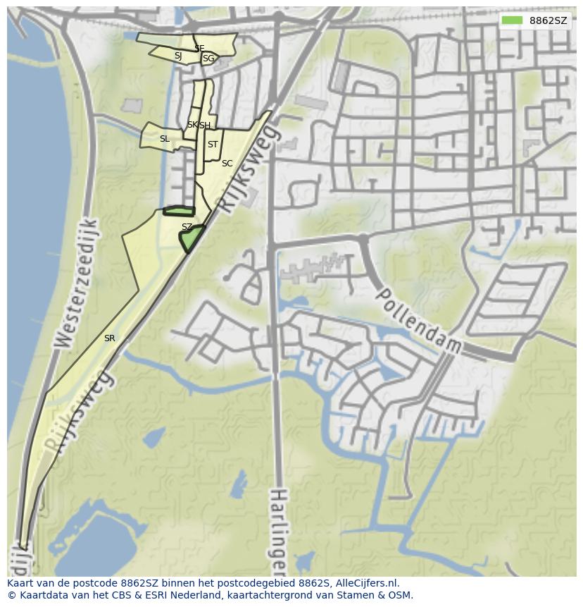 Afbeelding van het postcodegebied 8862 SZ op de kaart.