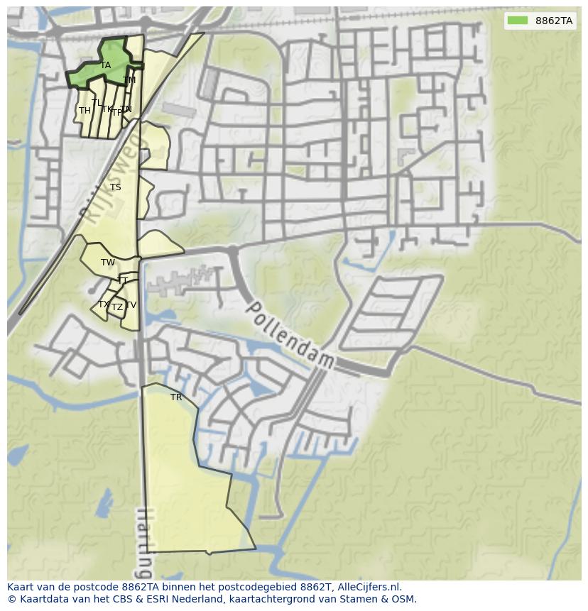 Afbeelding van het postcodegebied 8862 TA op de kaart.