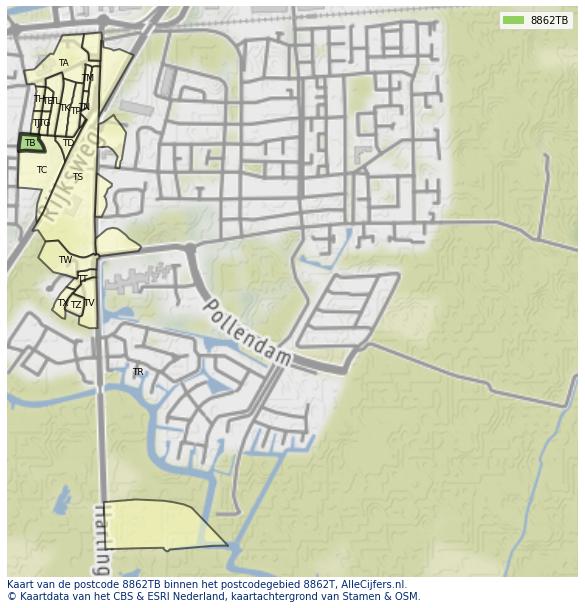 Afbeelding van het postcodegebied 8862 TB op de kaart.