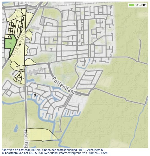 Afbeelding van het postcodegebied 8862 TC op de kaart.