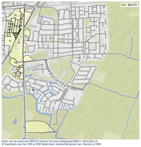 Afbeelding van het postcodegebied 8862 TD op de kaart.