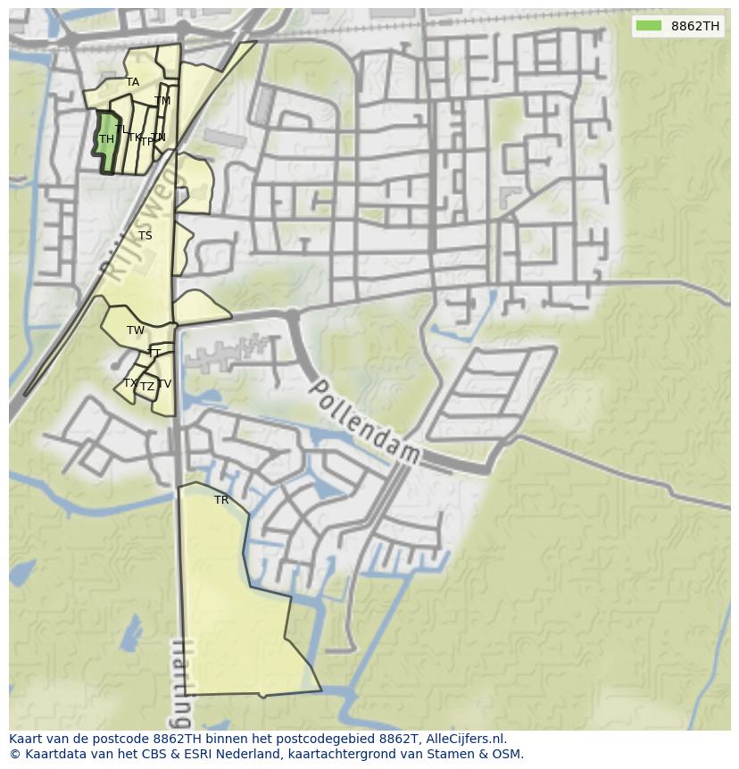 Afbeelding van het postcodegebied 8862 TH op de kaart.