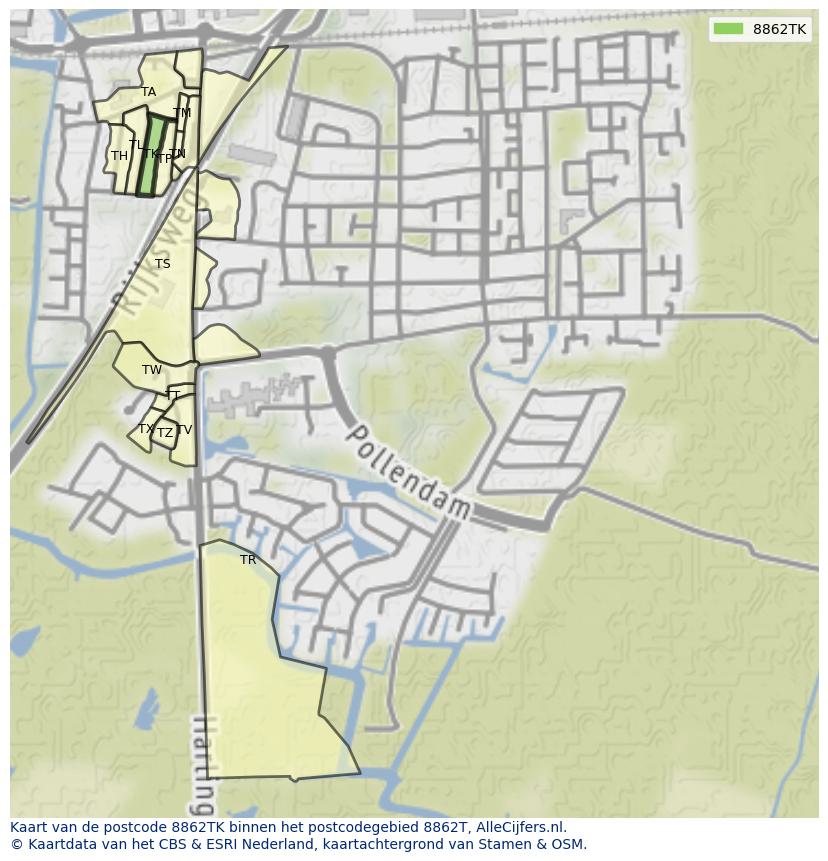 Afbeelding van het postcodegebied 8862 TK op de kaart.
