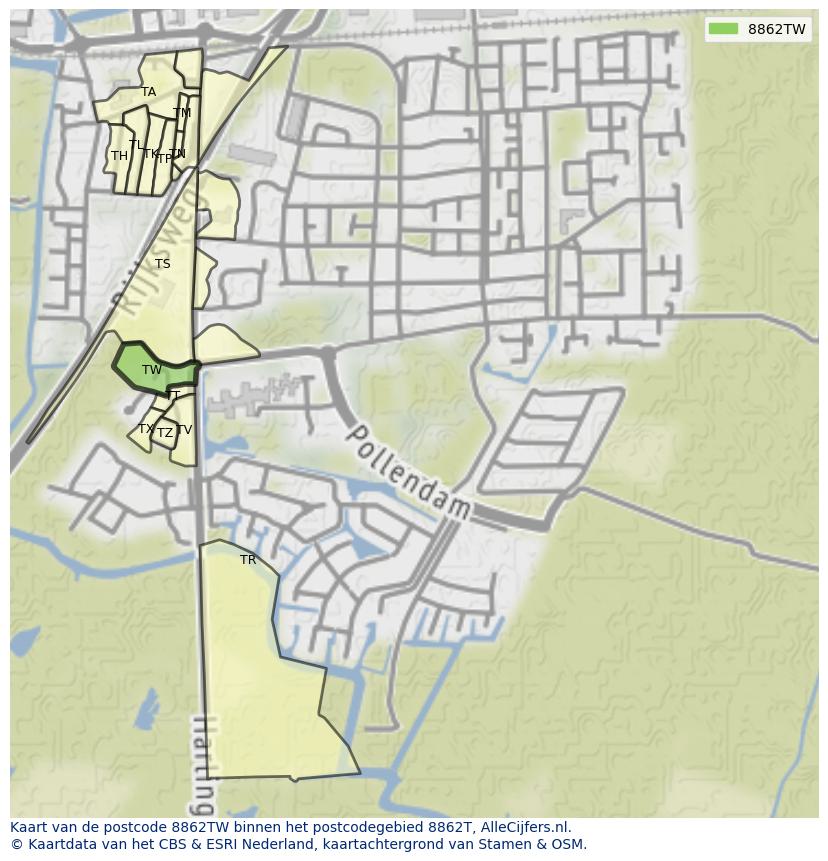 Afbeelding van het postcodegebied 8862 TW op de kaart.