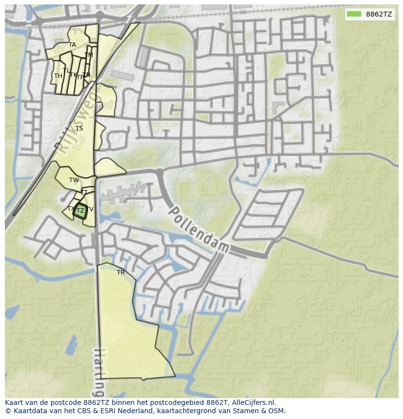 Afbeelding van het postcodegebied 8862 TZ op de kaart.
