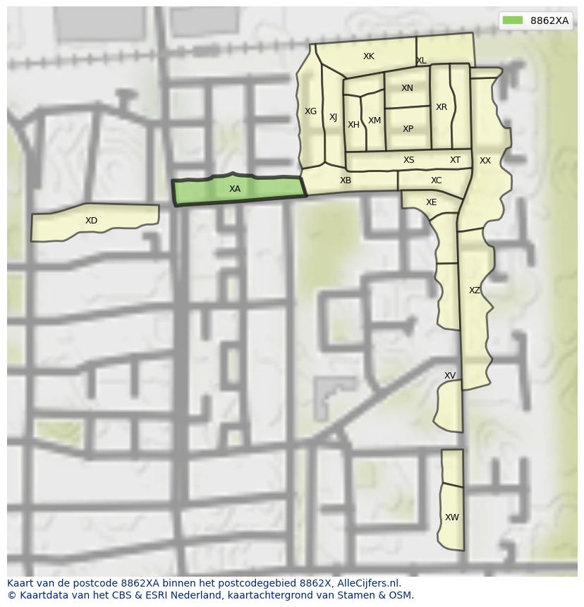 Afbeelding van het postcodegebied 8862 XA op de kaart.