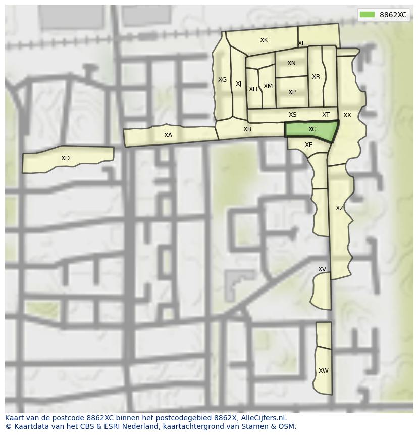 Afbeelding van het postcodegebied 8862 XC op de kaart.