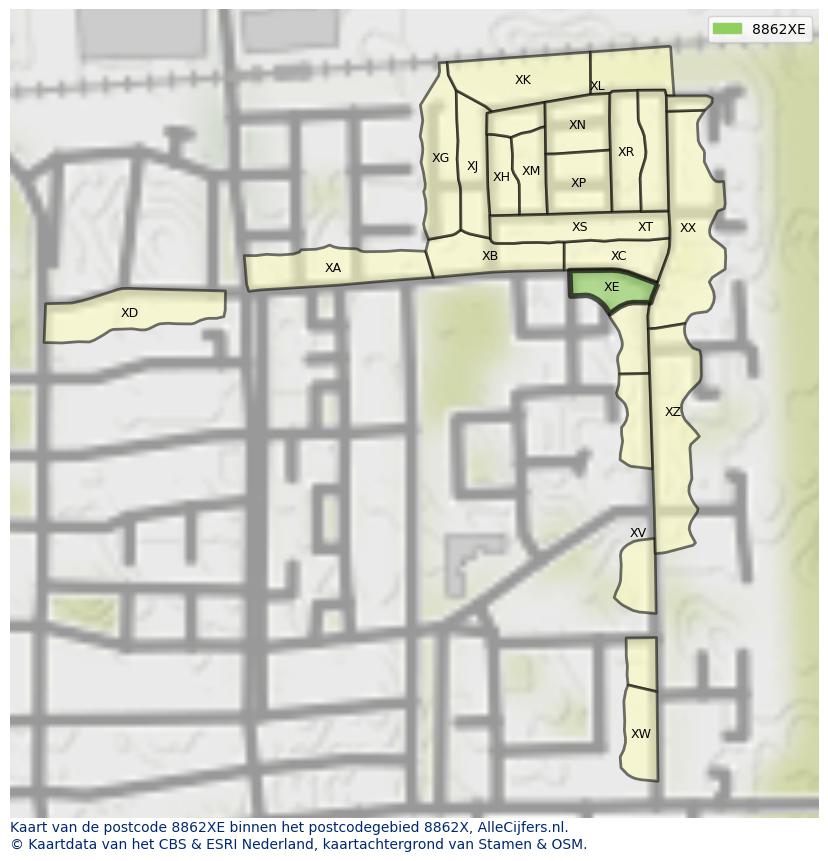 Afbeelding van het postcodegebied 8862 XE op de kaart.