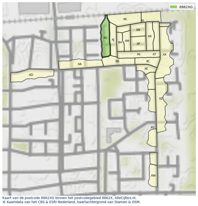 Afbeelding van het postcodegebied 8862 XG op de kaart.