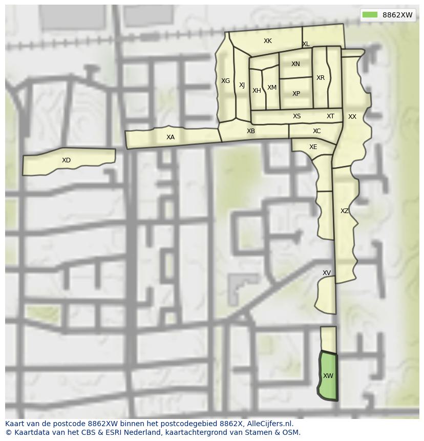 Afbeelding van het postcodegebied 8862 XW op de kaart.