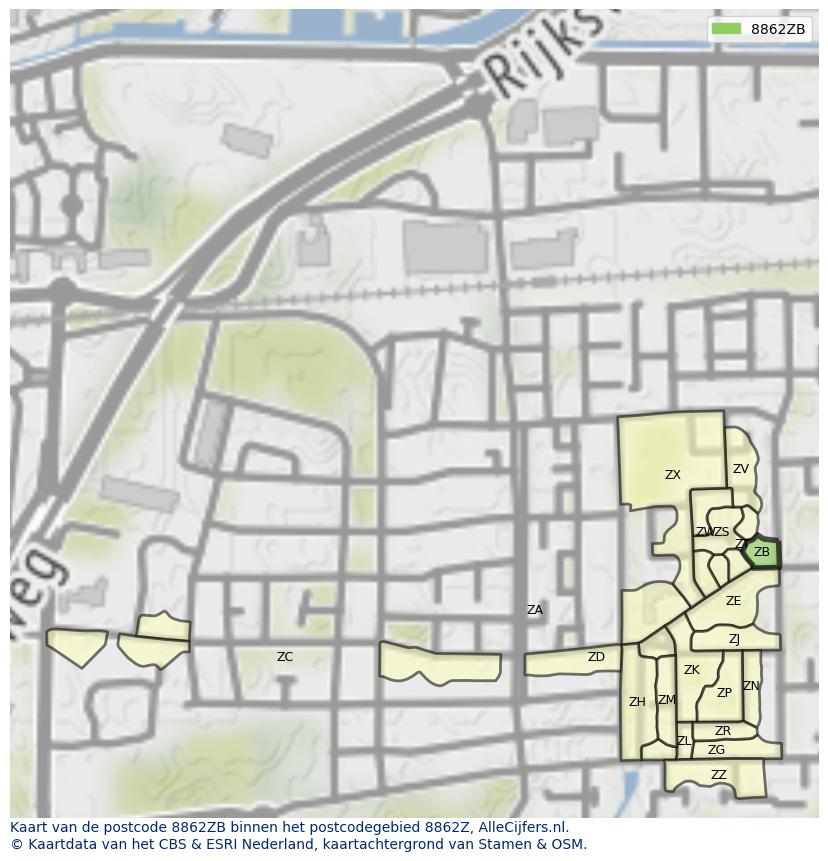 Afbeelding van het postcodegebied 8862 ZB op de kaart.