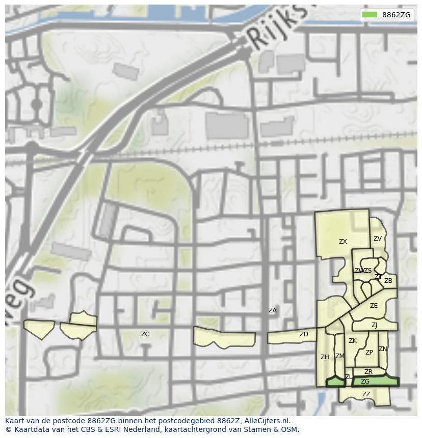 Afbeelding van het postcodegebied 8862 ZG op de kaart.
