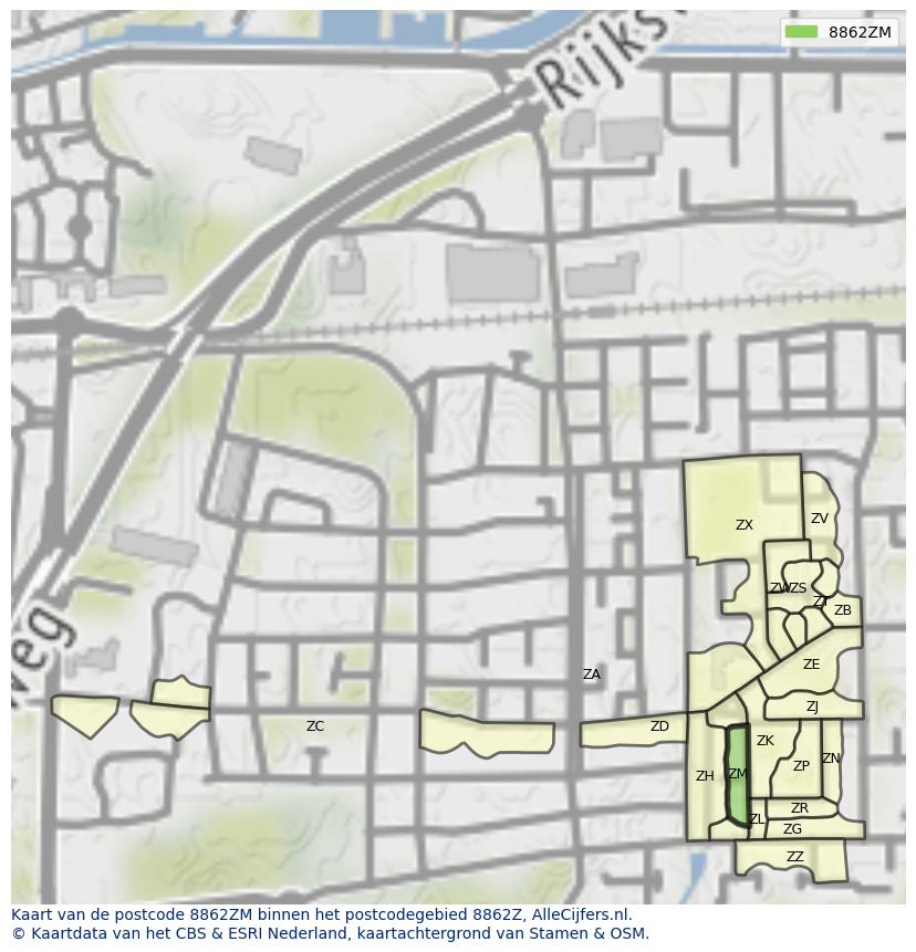 Afbeelding van het postcodegebied 8862 ZM op de kaart.