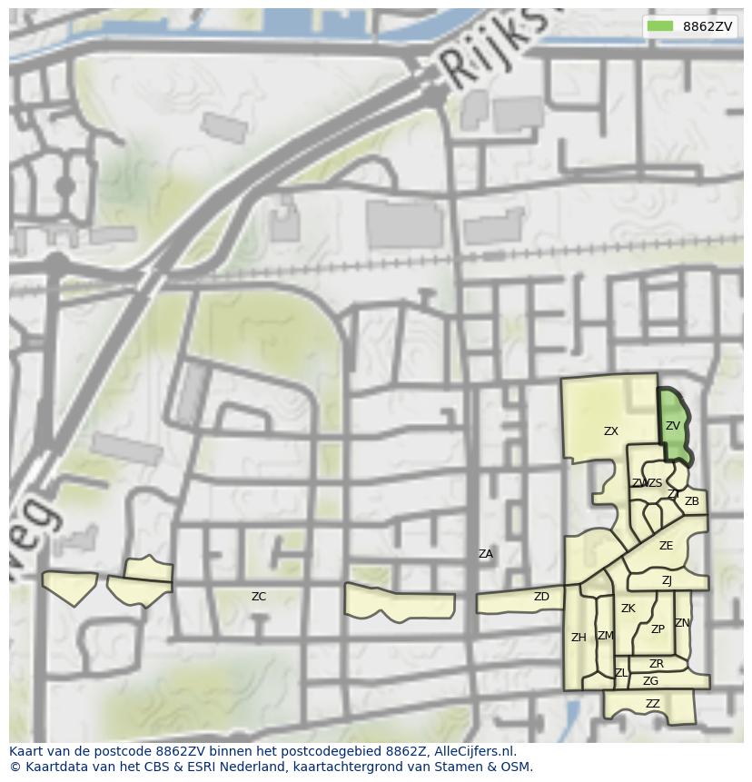 Afbeelding van het postcodegebied 8862 ZV op de kaart.