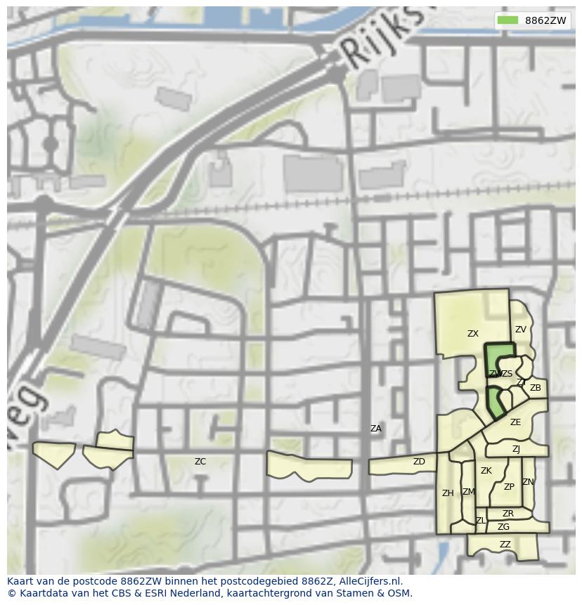 Afbeelding van het postcodegebied 8862 ZW op de kaart.