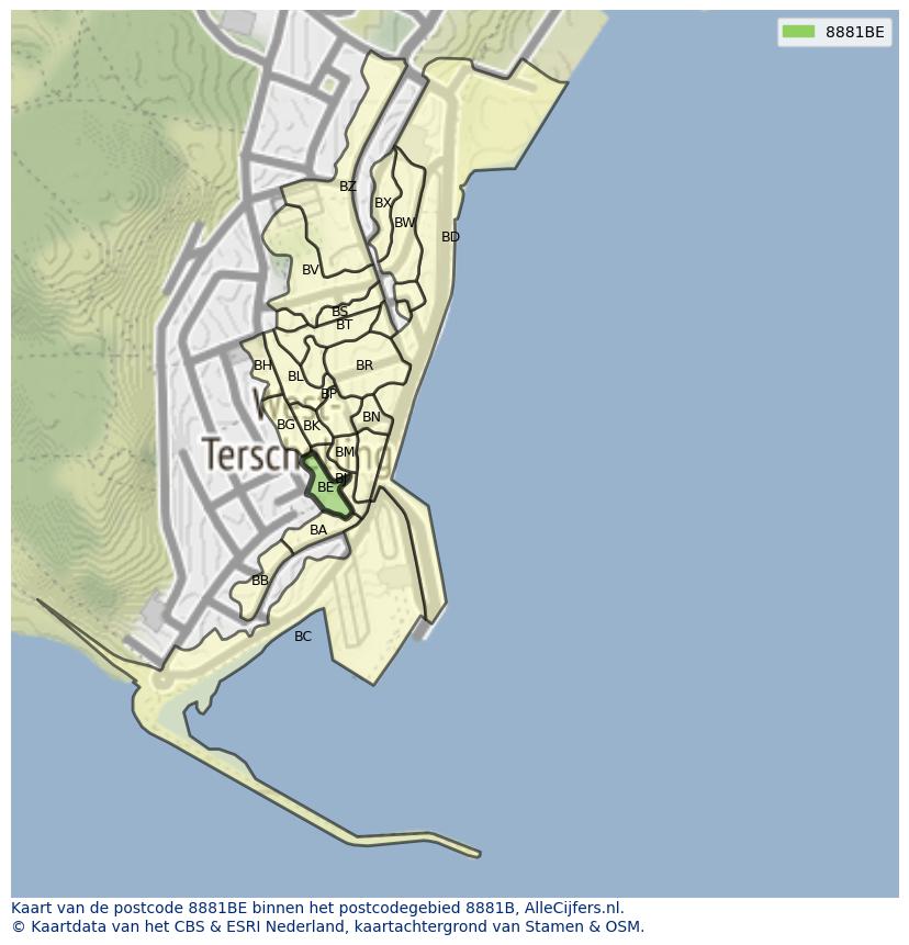 Afbeelding van het postcodegebied 8881 BE op de kaart.
