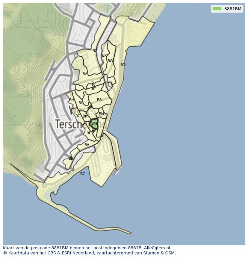 Afbeelding van het postcodegebied 8881 BM op de kaart.