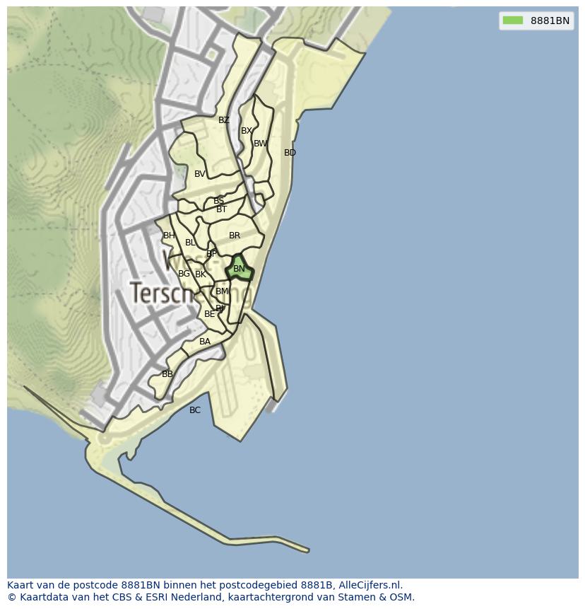 Afbeelding van het postcodegebied 8881 BN op de kaart.
