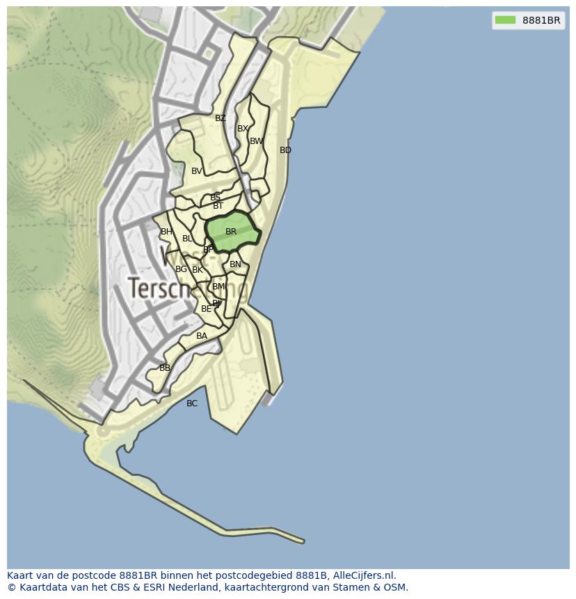 Afbeelding van het postcodegebied 8881 BR op de kaart.