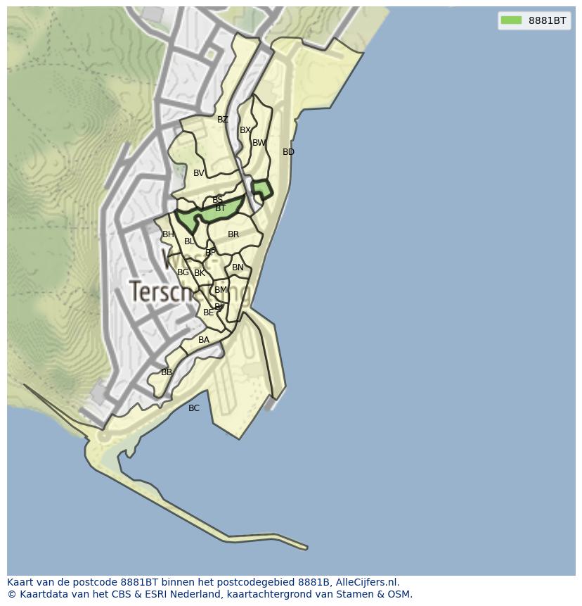 Afbeelding van het postcodegebied 8881 BT op de kaart.