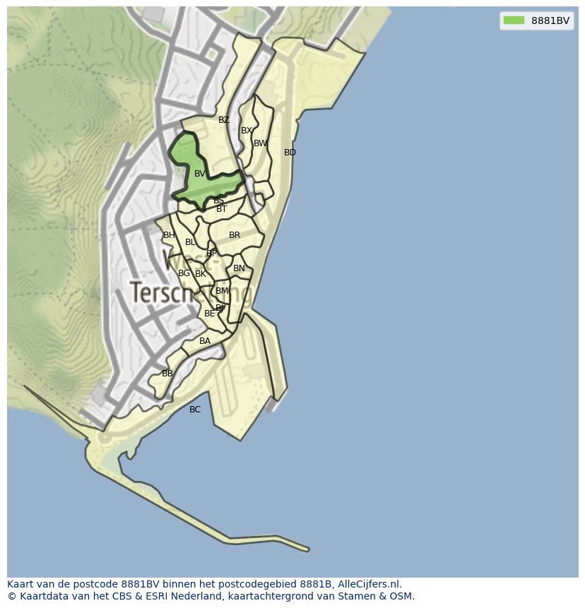 Afbeelding van het postcodegebied 8881 BV op de kaart.