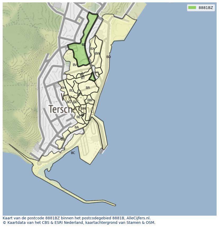 Afbeelding van het postcodegebied 8881 BZ op de kaart.