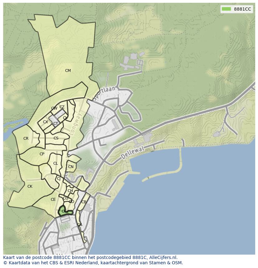 Afbeelding van het postcodegebied 8881 CC op de kaart.
