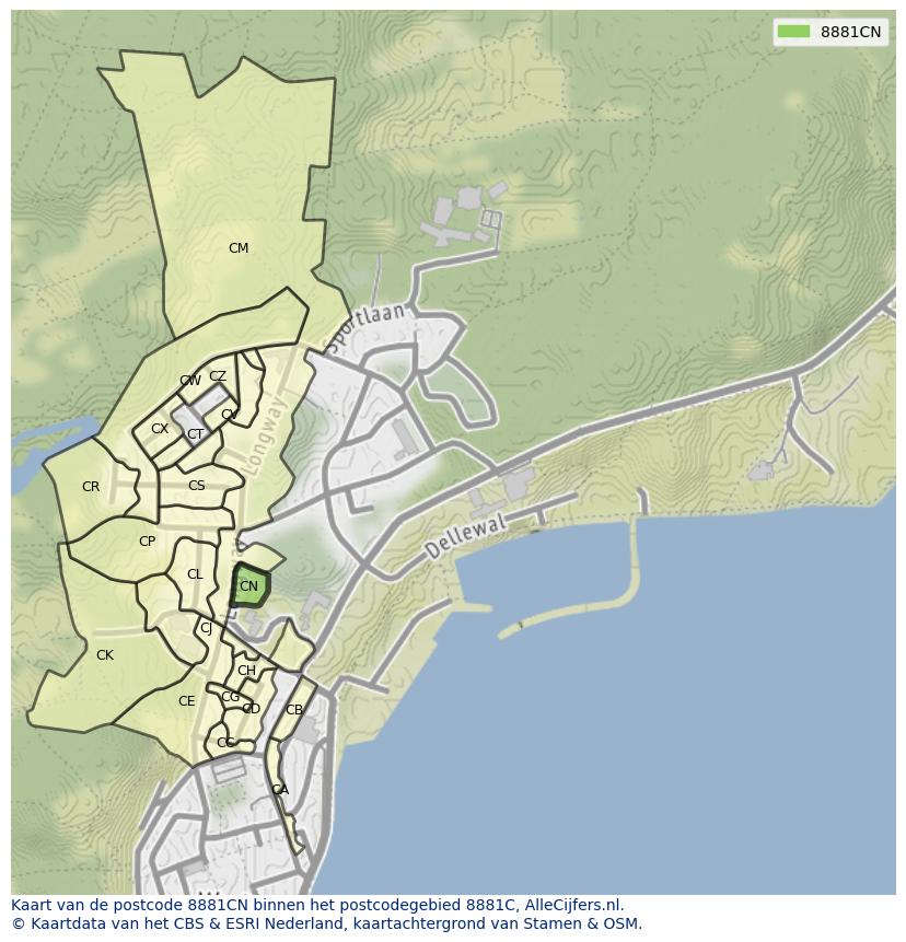 Afbeelding van het postcodegebied 8881 CN op de kaart.