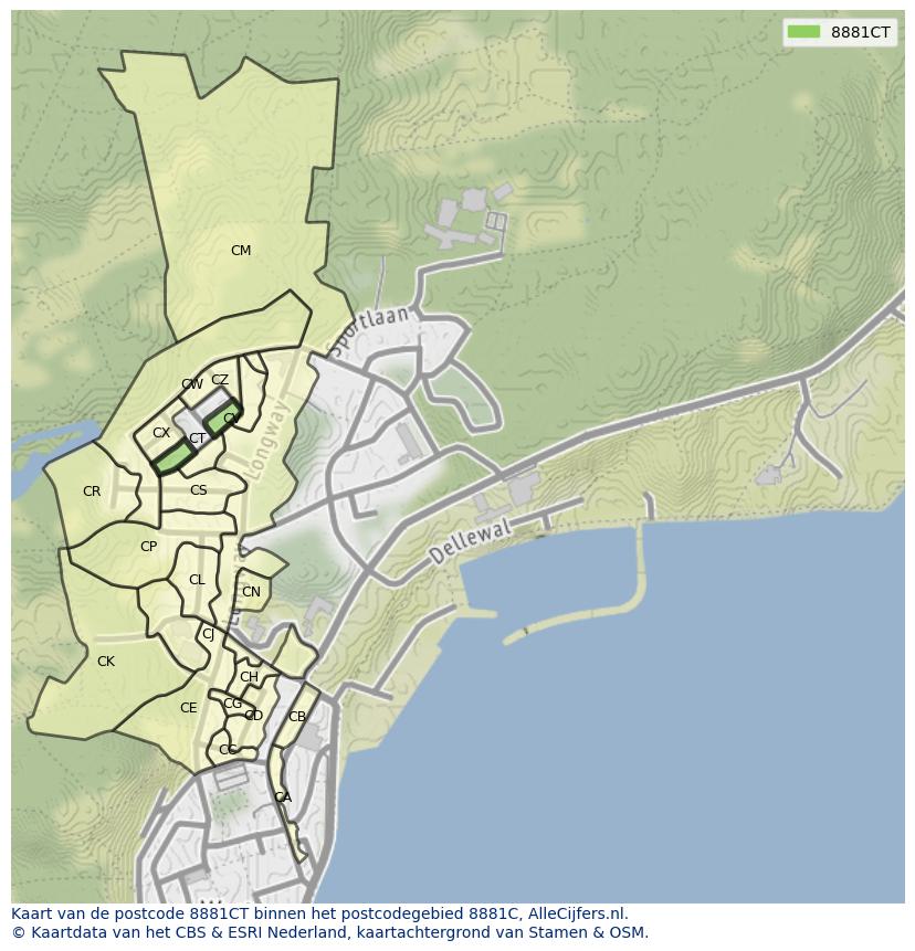 Afbeelding van het postcodegebied 8881 CT op de kaart.