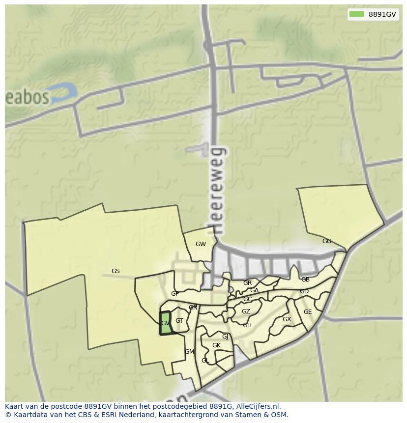 Afbeelding van het postcodegebied 8891 GV op de kaart.
