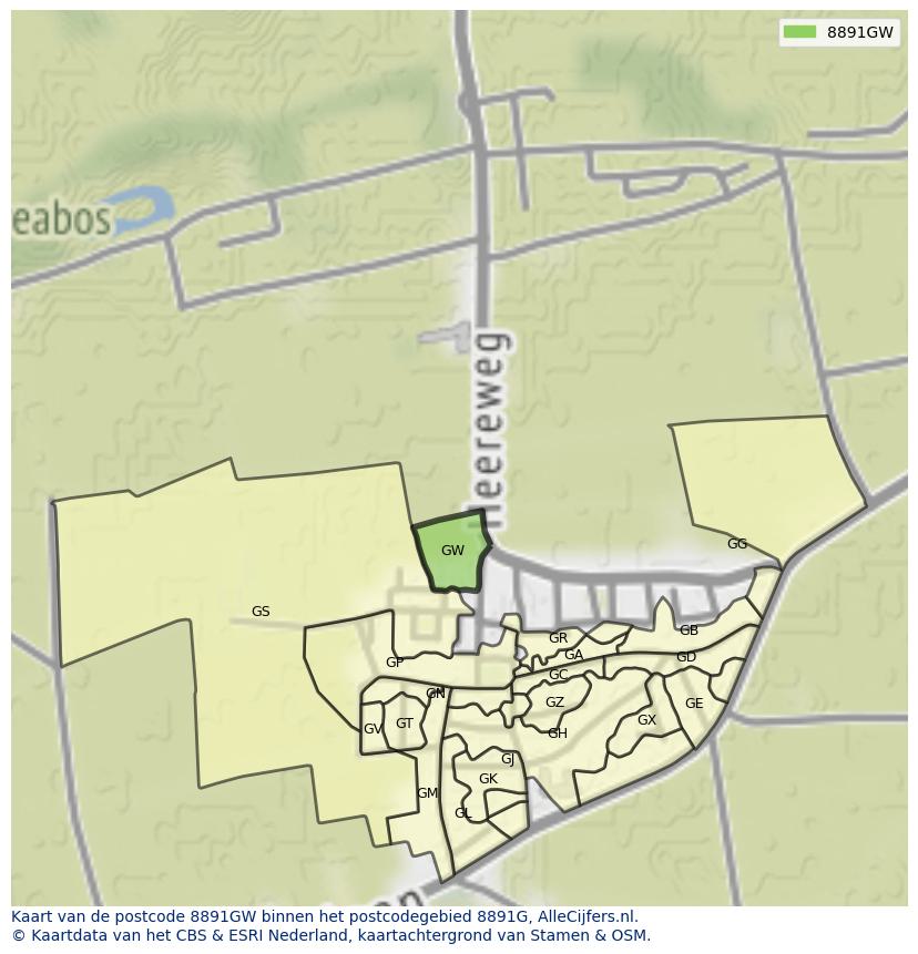 Afbeelding van het postcodegebied 8891 GW op de kaart.