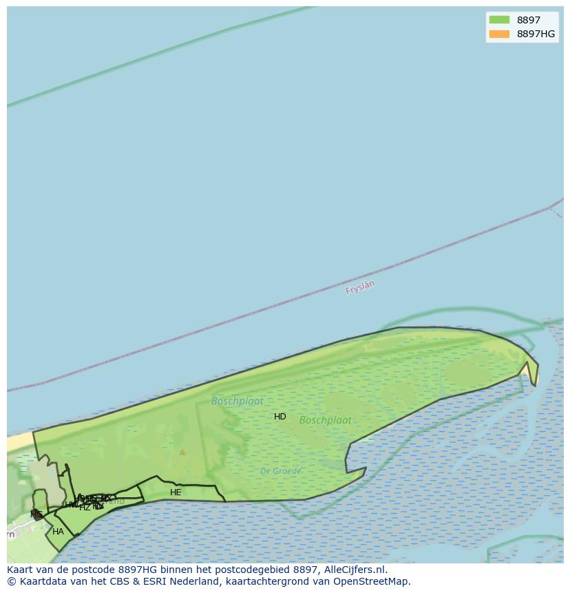 Afbeelding van het postcodegebied 8897 HG op de kaart.