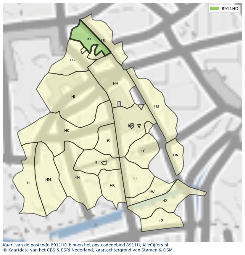 Afbeelding van het postcodegebied 8911 HD op de kaart.