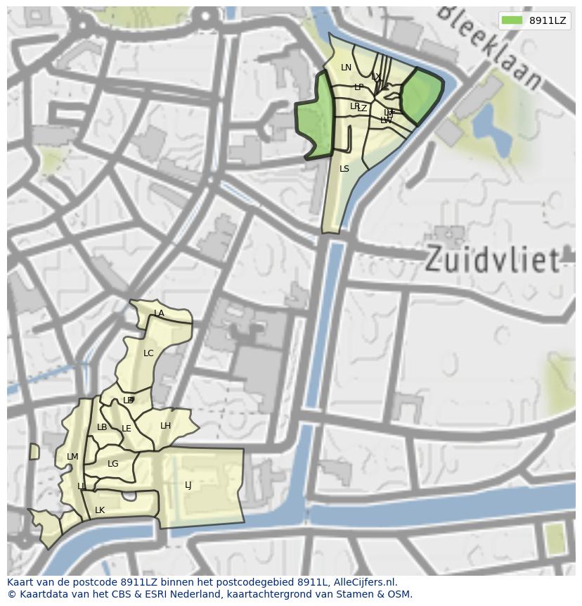 Afbeelding van het postcodegebied 8911 LZ op de kaart.