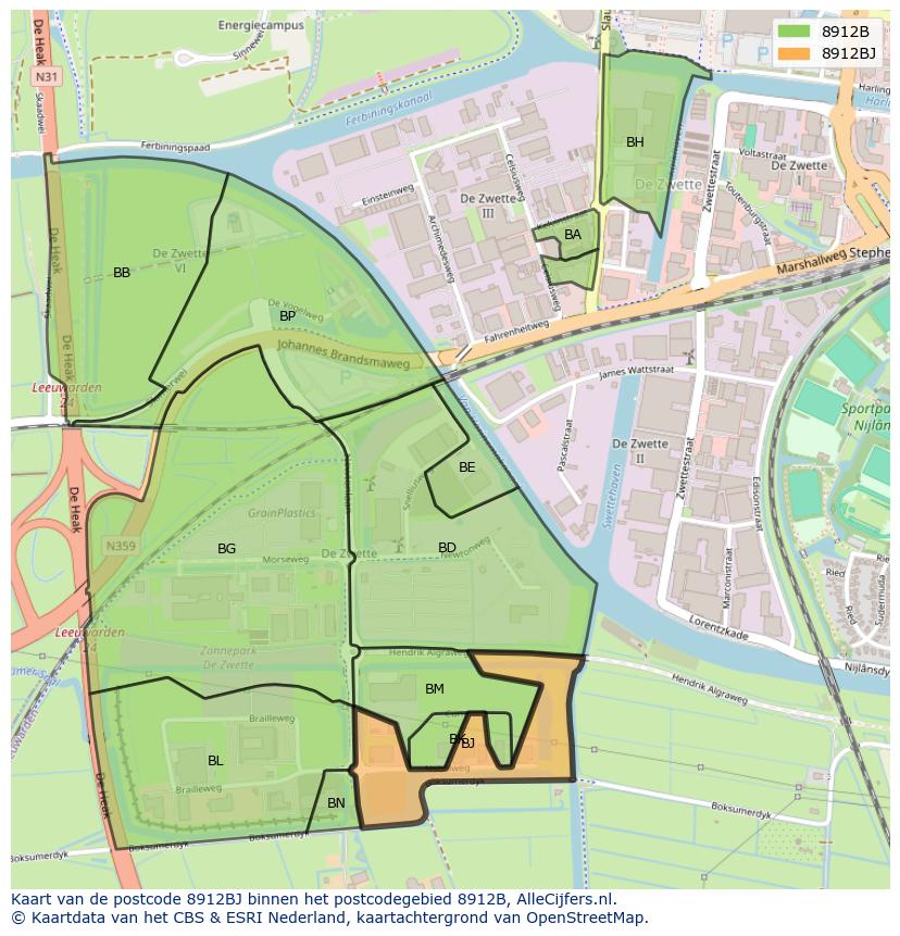 Afbeelding van het postcodegebied 8912 BJ op de kaart.