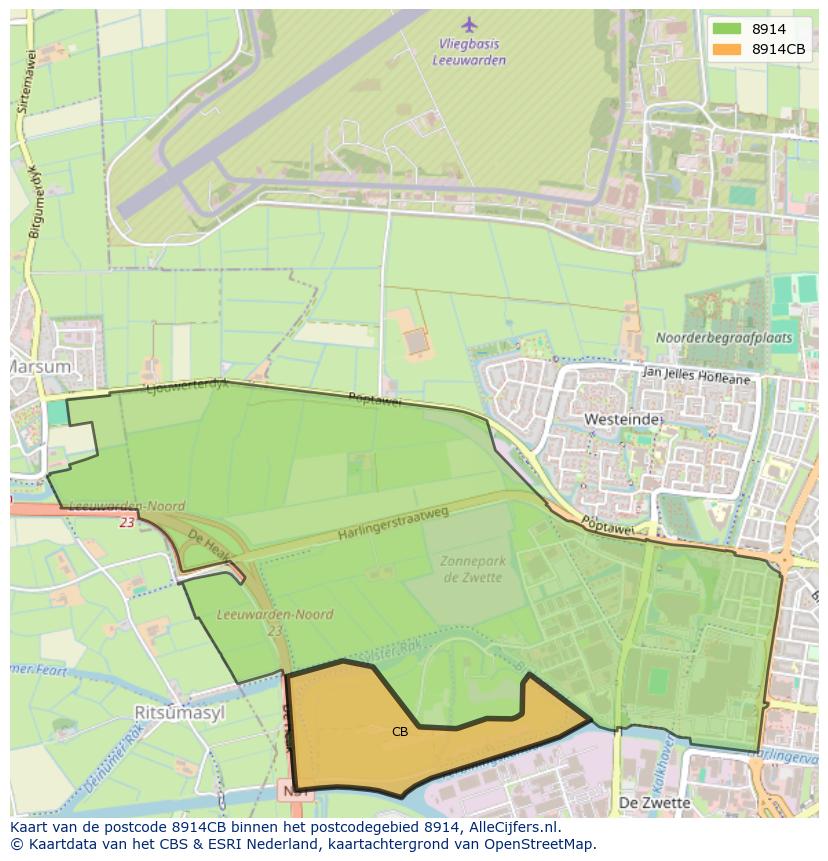 Afbeelding van het postcodegebied 8914 CB op de kaart.
