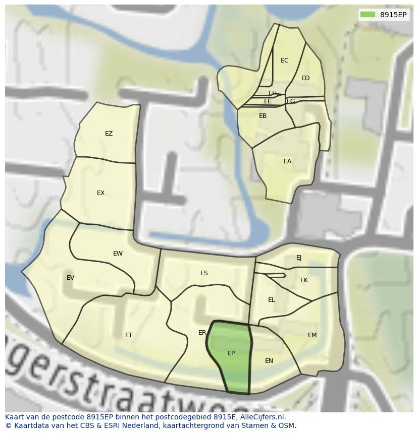 Afbeelding van het postcodegebied 8915 EP op de kaart.