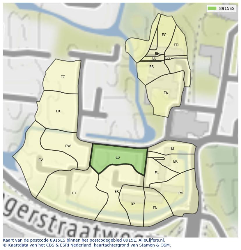 Afbeelding van het postcodegebied 8915 ES op de kaart.