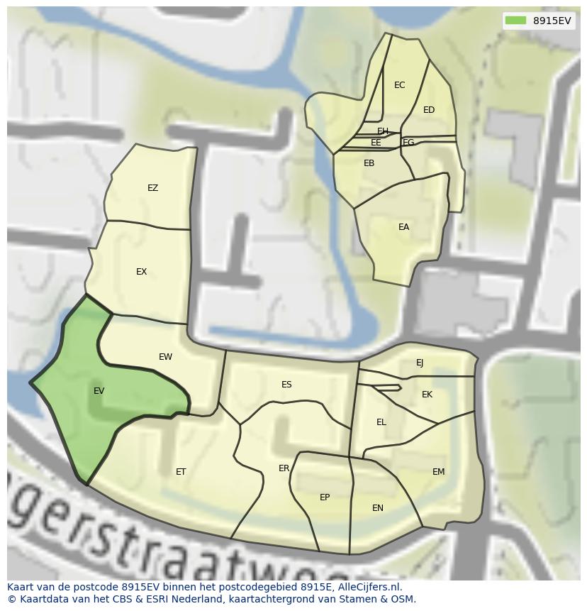 Afbeelding van het postcodegebied 8915 EV op de kaart.