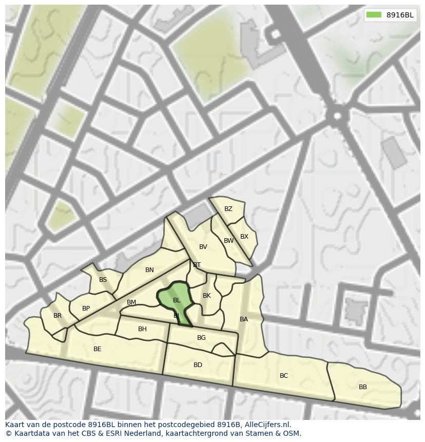 Afbeelding van het postcodegebied 8916 BL op de kaart.