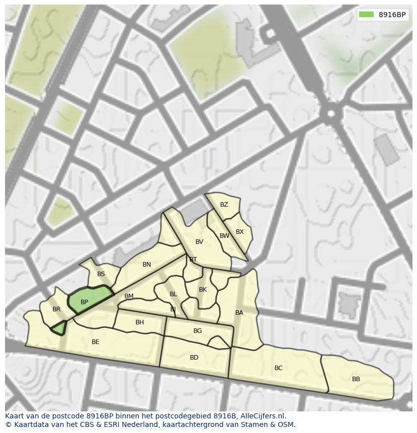 Afbeelding van het postcodegebied 8916 BP op de kaart.