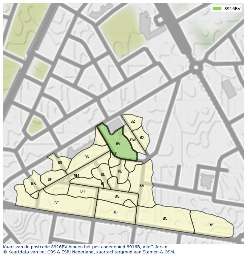 Afbeelding van het postcodegebied 8916 BV op de kaart.