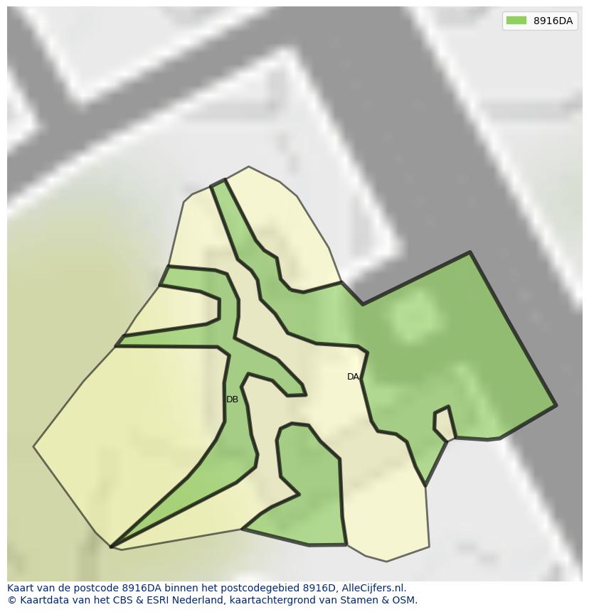 Afbeelding van het postcodegebied 8916 DA op de kaart.