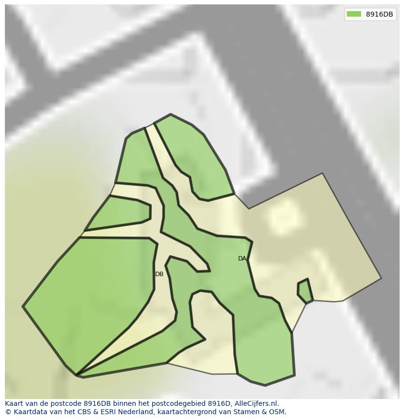 Afbeelding van het postcodegebied 8916 DB op de kaart.