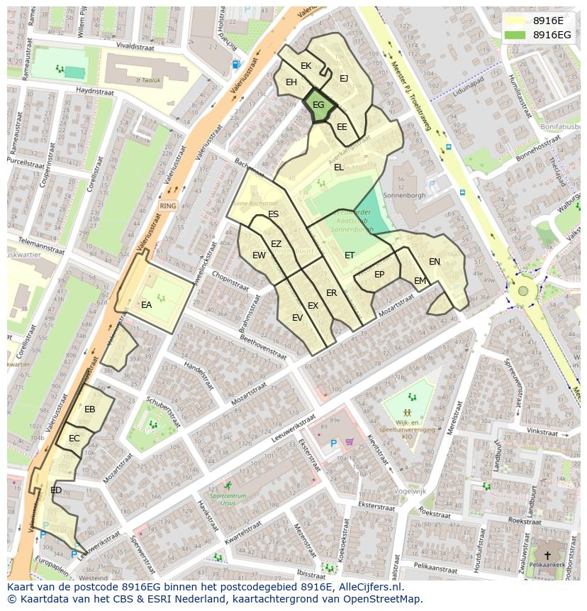 Afbeelding van het postcodegebied 8916 EG op de kaart.