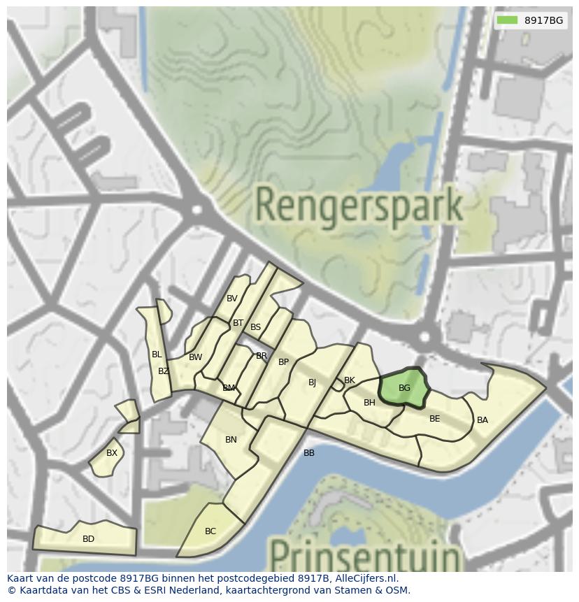 Afbeelding van het postcodegebied 8917 BG op de kaart.