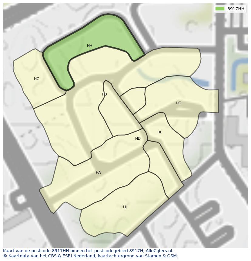 Afbeelding van het postcodegebied 8917 HH op de kaart.