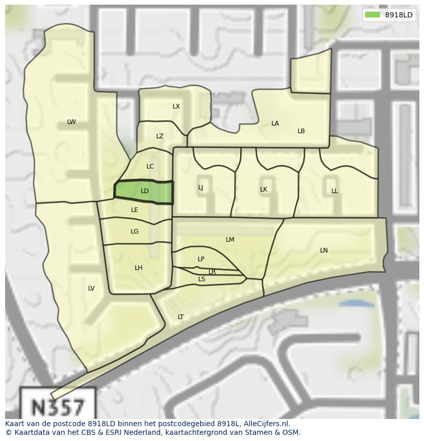 Afbeelding van het postcodegebied 8918 LD op de kaart.