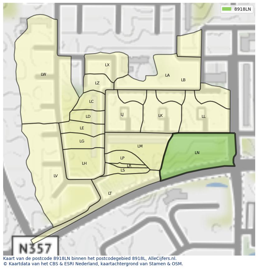 Afbeelding van het postcodegebied 8918 LN op de kaart.