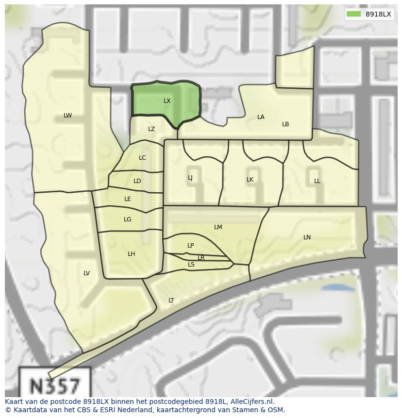 Afbeelding van het postcodegebied 8918 LX op de kaart.